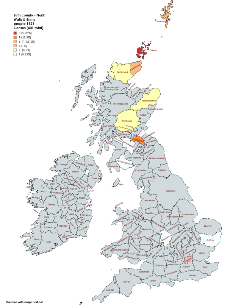 Map of Great Britain and Ireland showing the birth county of the 1921 Census population of North Walls and Brims, Orkney, with numbers and percentages.