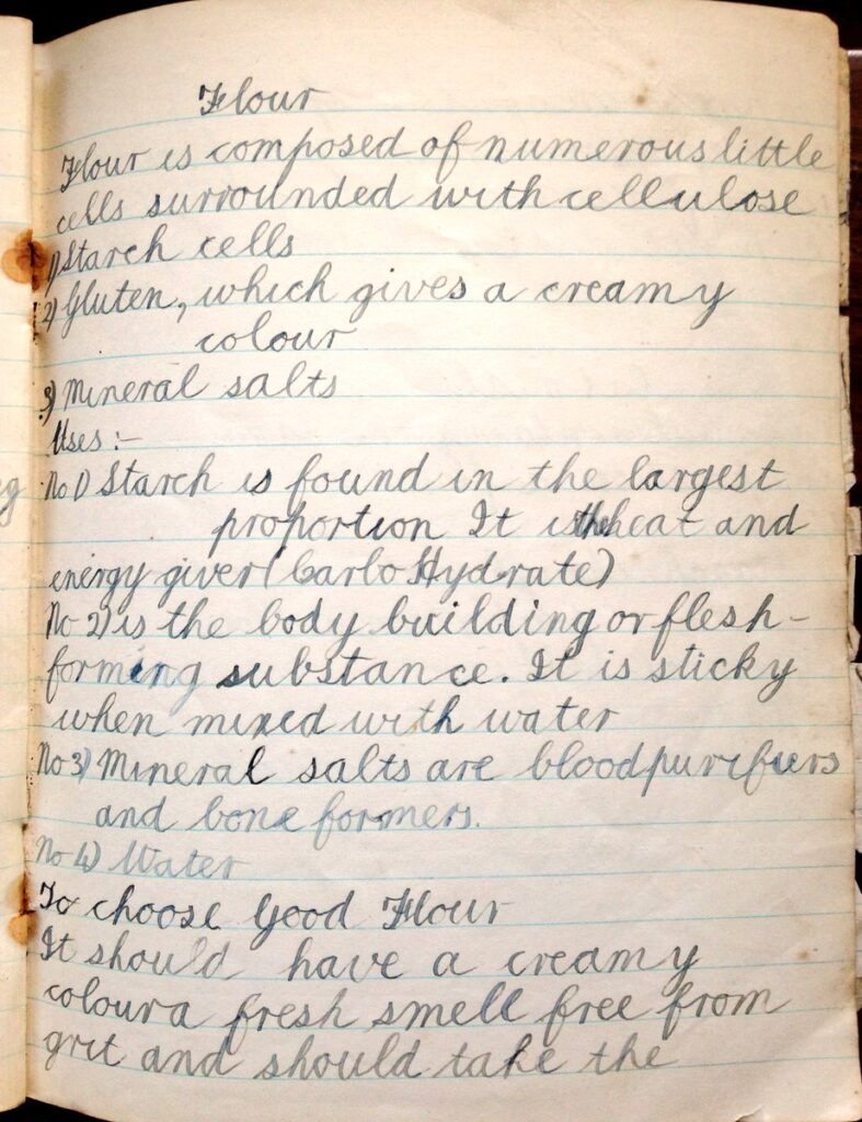Copy of a page from a pupil's cookery notebook, North Walls, School, Orkney, early 1930s, describing flour.